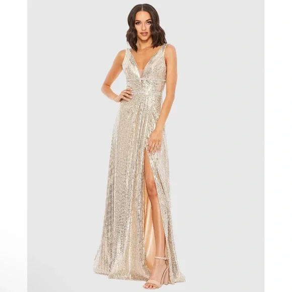 Mac Duggal Silver Metallic Plunge Neck Sequined Gown